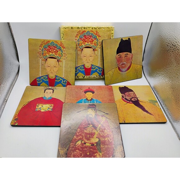 Vintage Chinese Emperors of China Coasters Set of 6 Wooden With Felt Bottoms - Picture 1 of 10